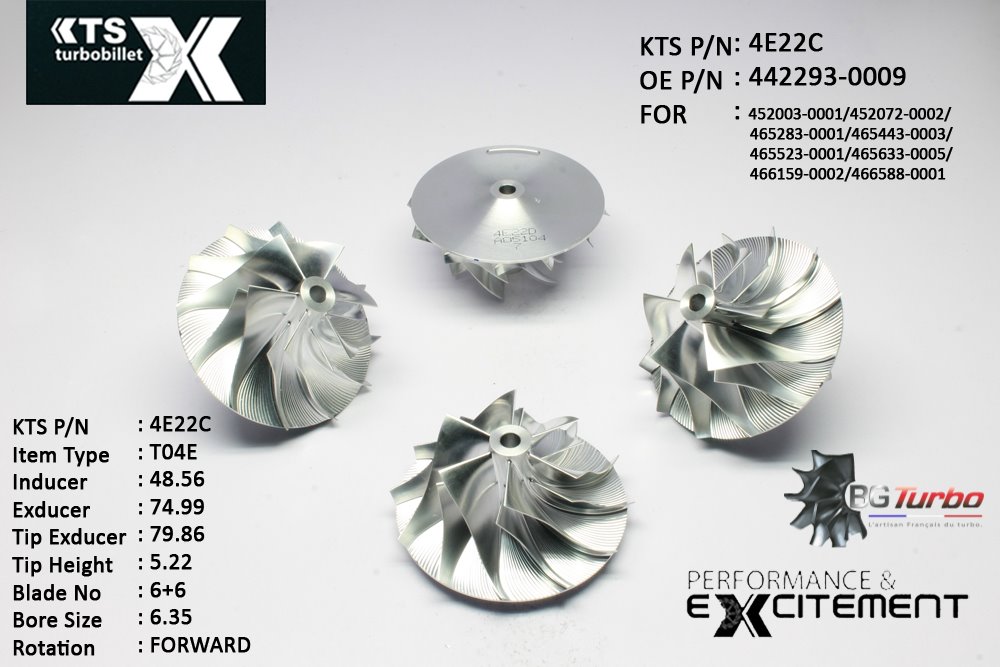 Turbo ROUE FORGÉE MFS PERFORMANCE - 6+6 PALES - INDUCER : 48,56 - EXDUCER : 74,99 - TYPE : T04EANGLE : 75° - ROTATION : Forward - SUPER BACK : 4,96 - BORE SIZE : 6,35
